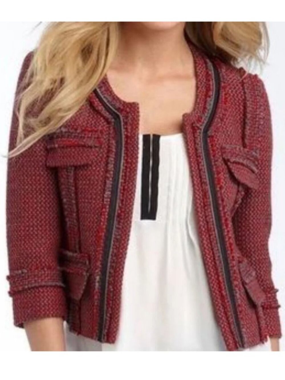 Hinge Nordstrom Wool Blend Tweed Cropped Jacket S Red Black Quiet Luxury Office